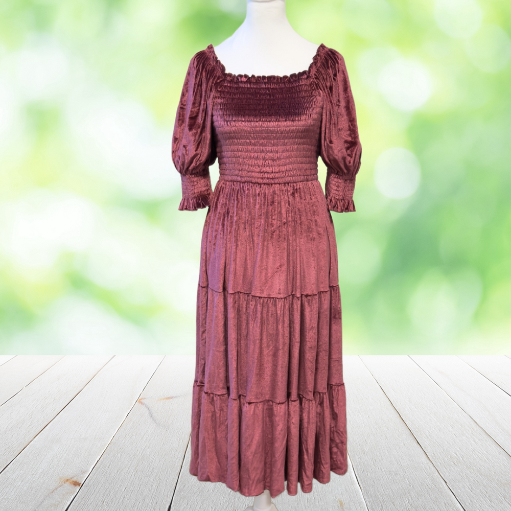 BALTIC BORN Velvet Milkmaid Dress Smocked Tiered Cottagecore Romantic Wine Sz M